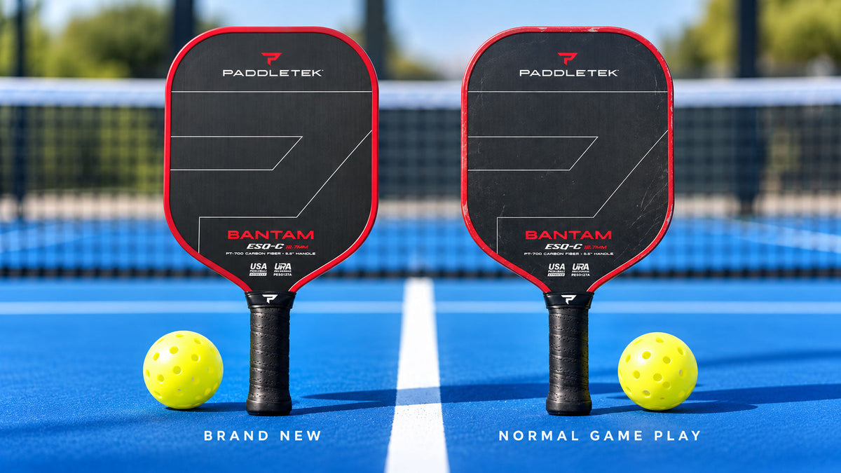 Pickleball paddle face comparison showing new surface texture versus worn texture